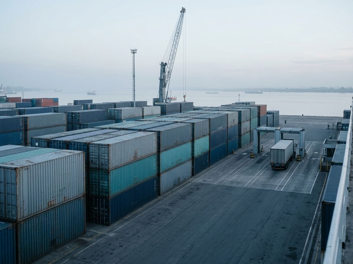 Contenedores apilados en una terminal portuaria, con un camión esperando en el carril de inspección.