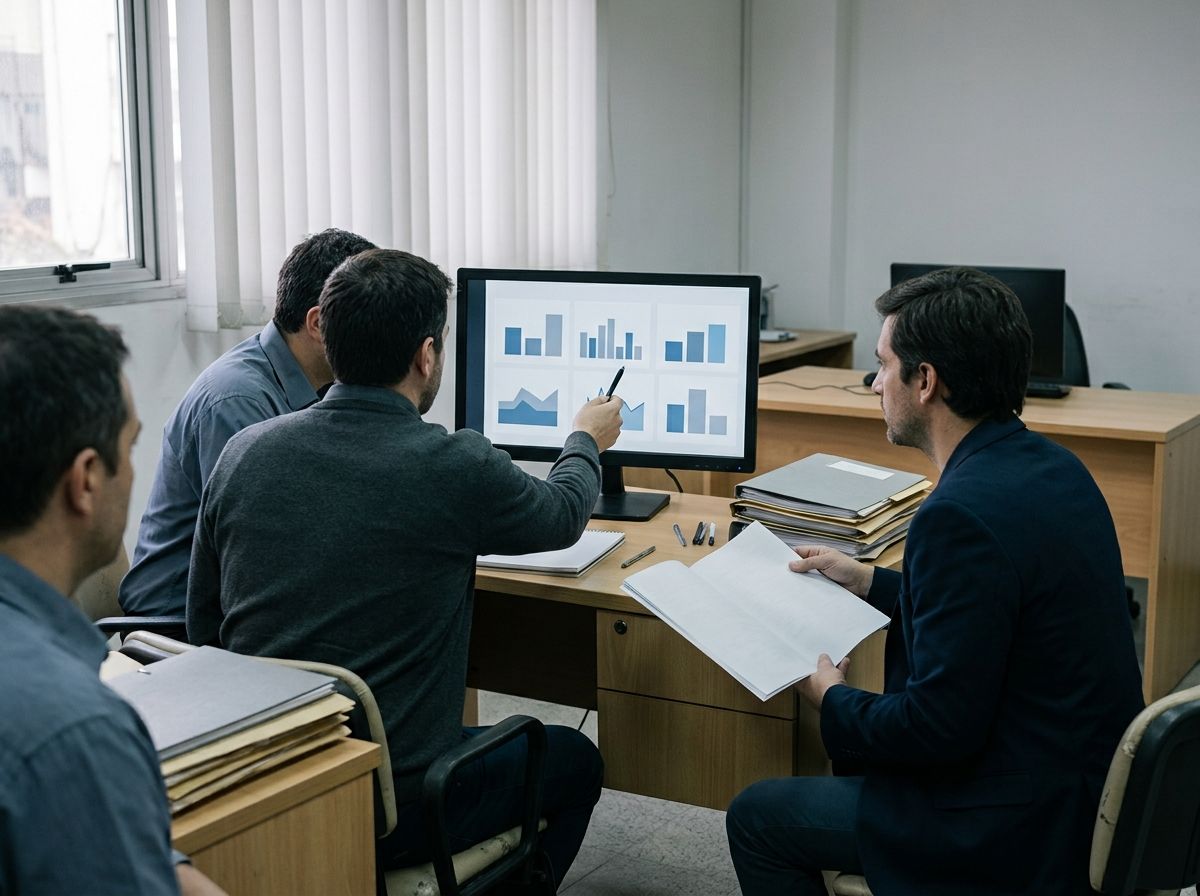 Un equipo de trabajo revisa datos en una pantalla en una oficina pública.