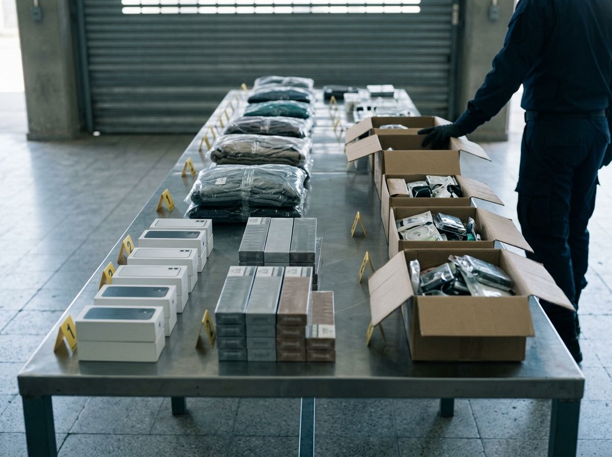 Mercadería decomisada ordenada sobre una mesa de inspección en un control aduanero: teléfonos, cigarrillos y ropa.