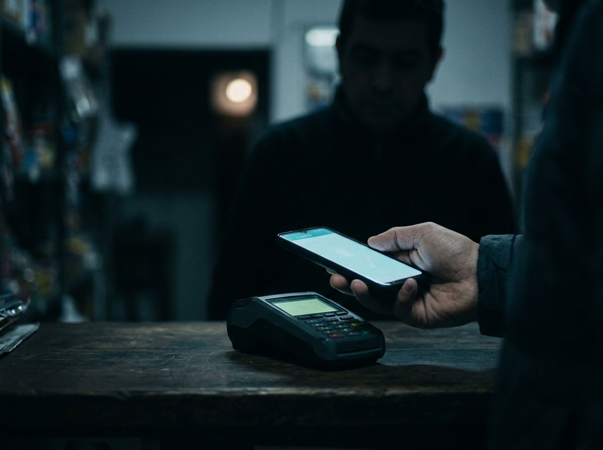 Un pago con el teléfono sobre una terminal de cobro en el mostrador de un comercio.