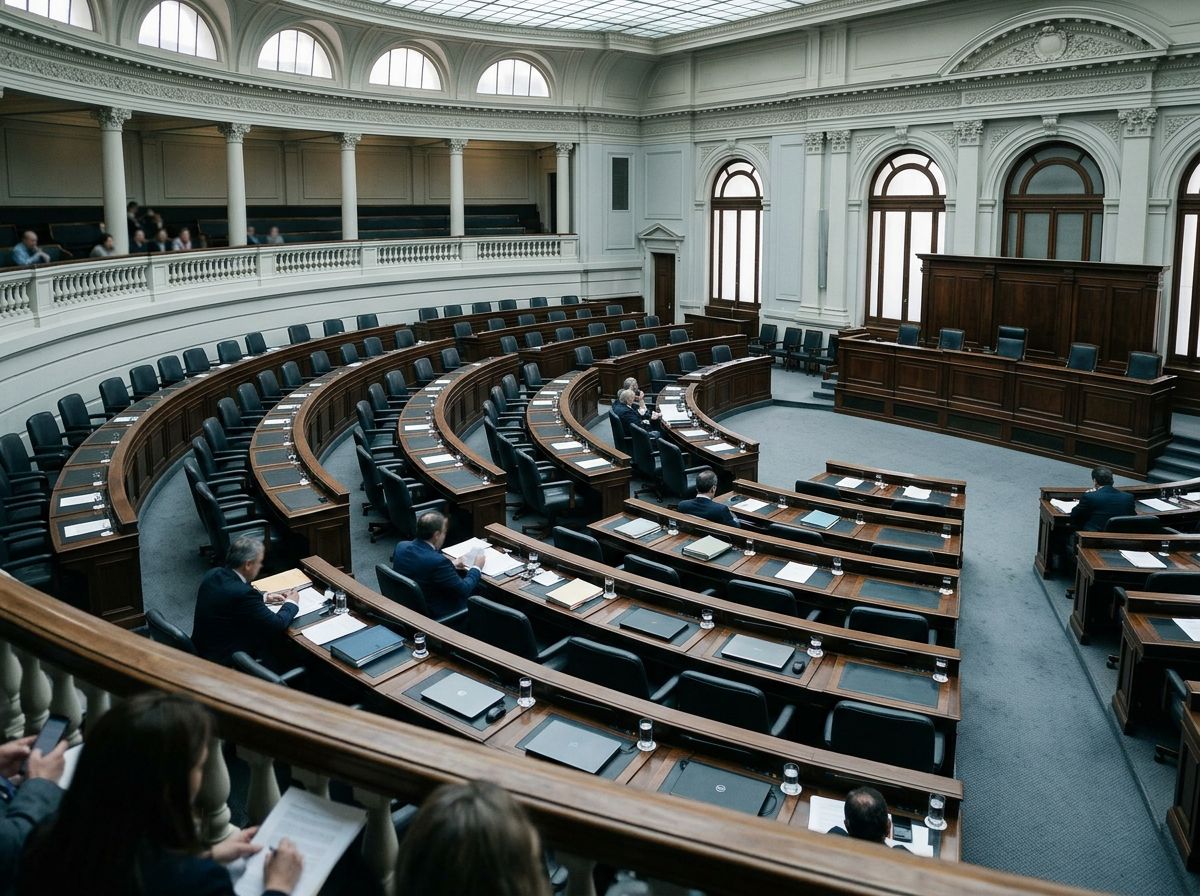 Legisladores en sus bancas durante una sesión en un recinto legislativo.