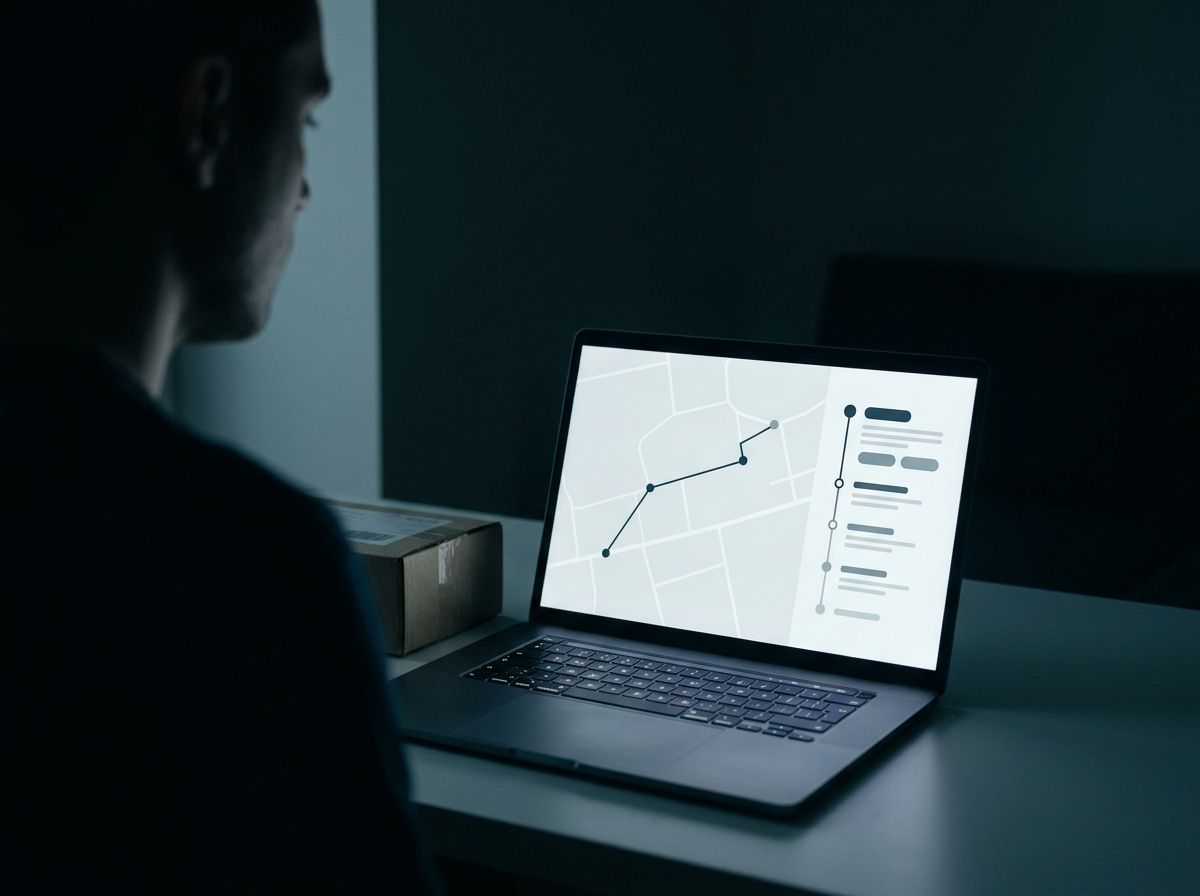 Una persona sigue en la computadora el recorrido de un envío sobre un mapa.